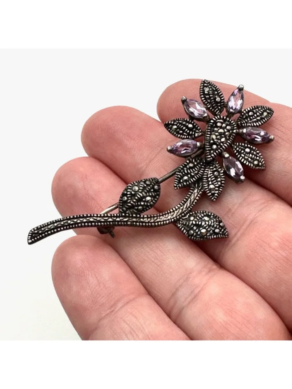 Vintage Flower Brooch Pin Sterling Silver Purple CZ Marcasite